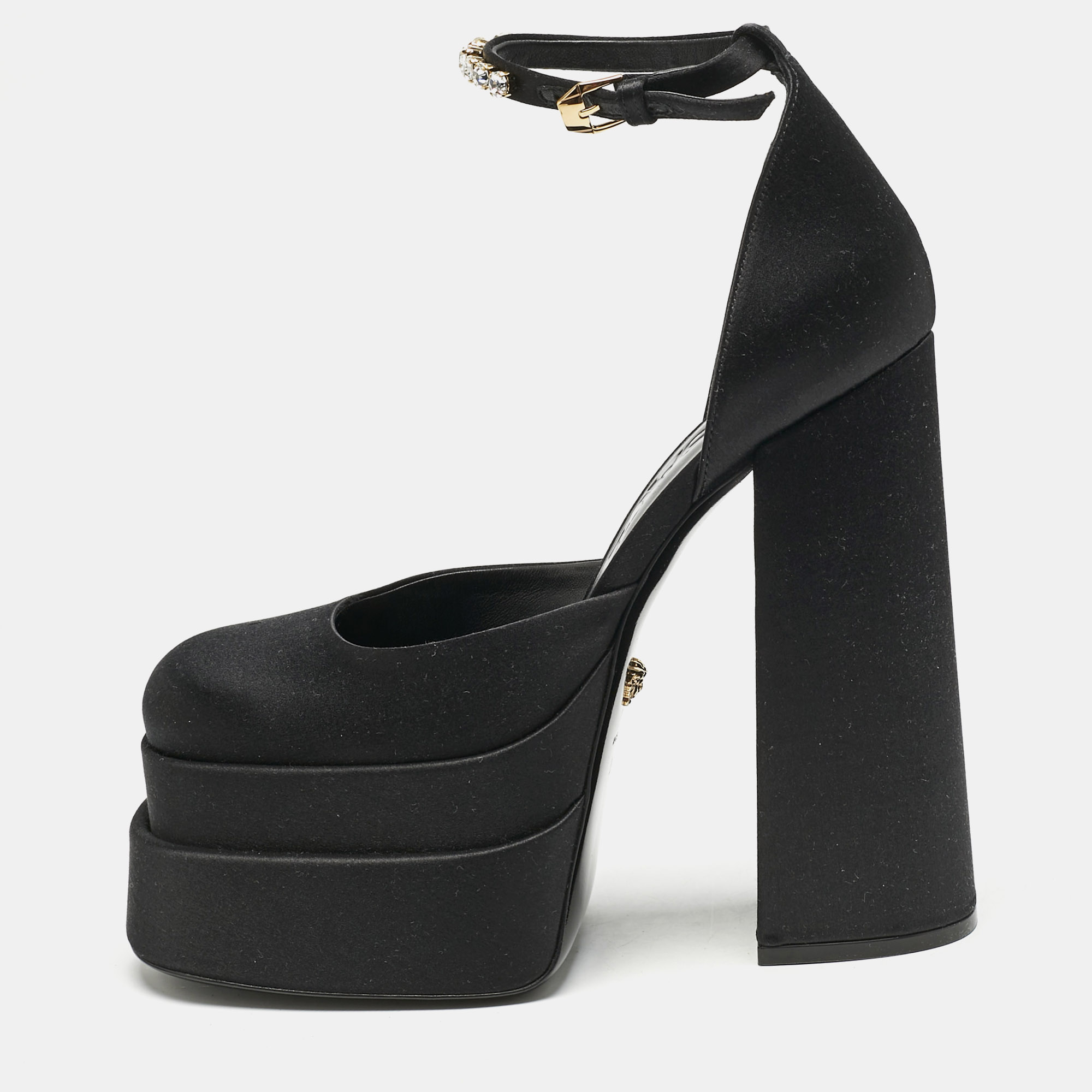 

Versace Black Satin Medusa Aevitas Double Platform Pumps Size