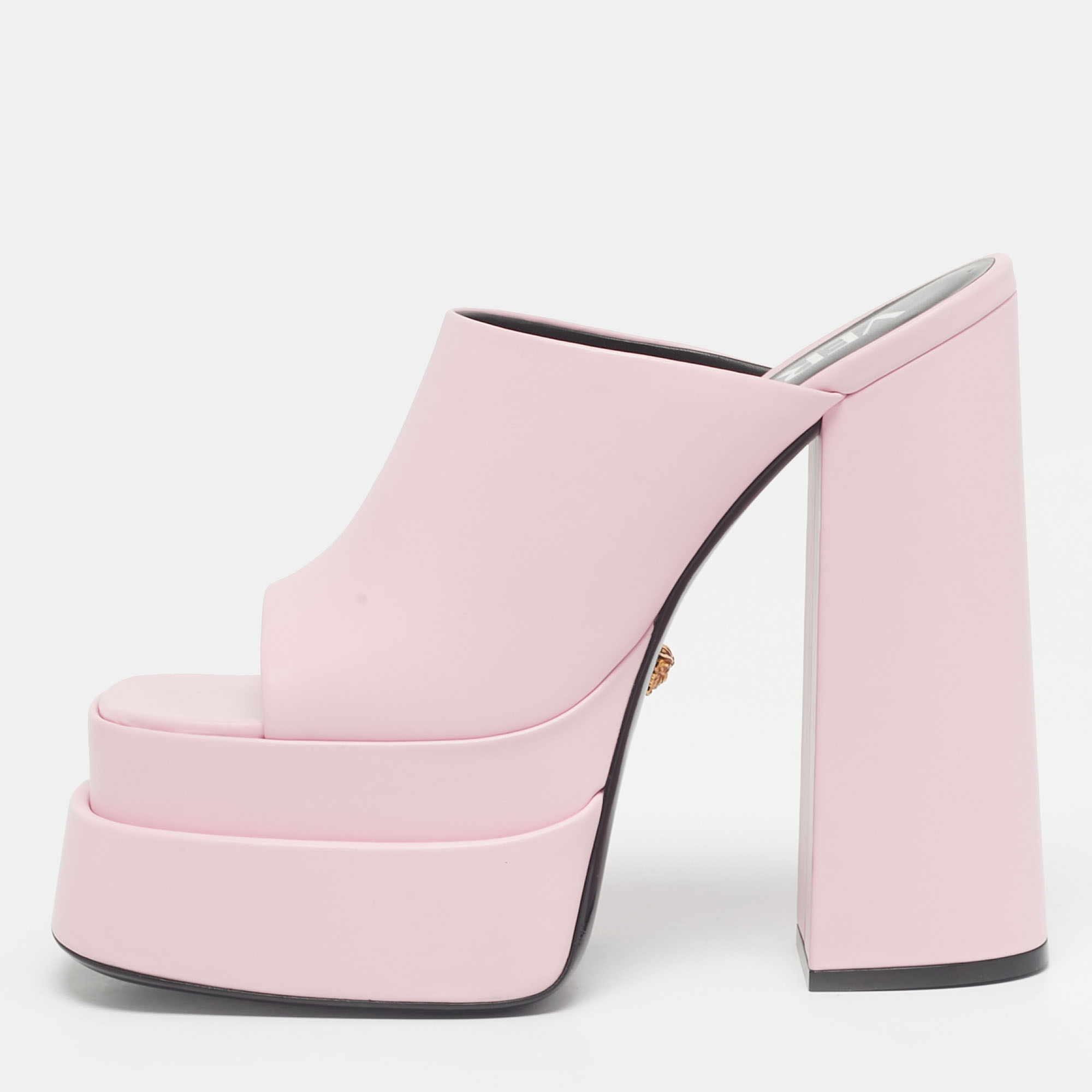 

Versace Pink Leather Double Platform Mules Size