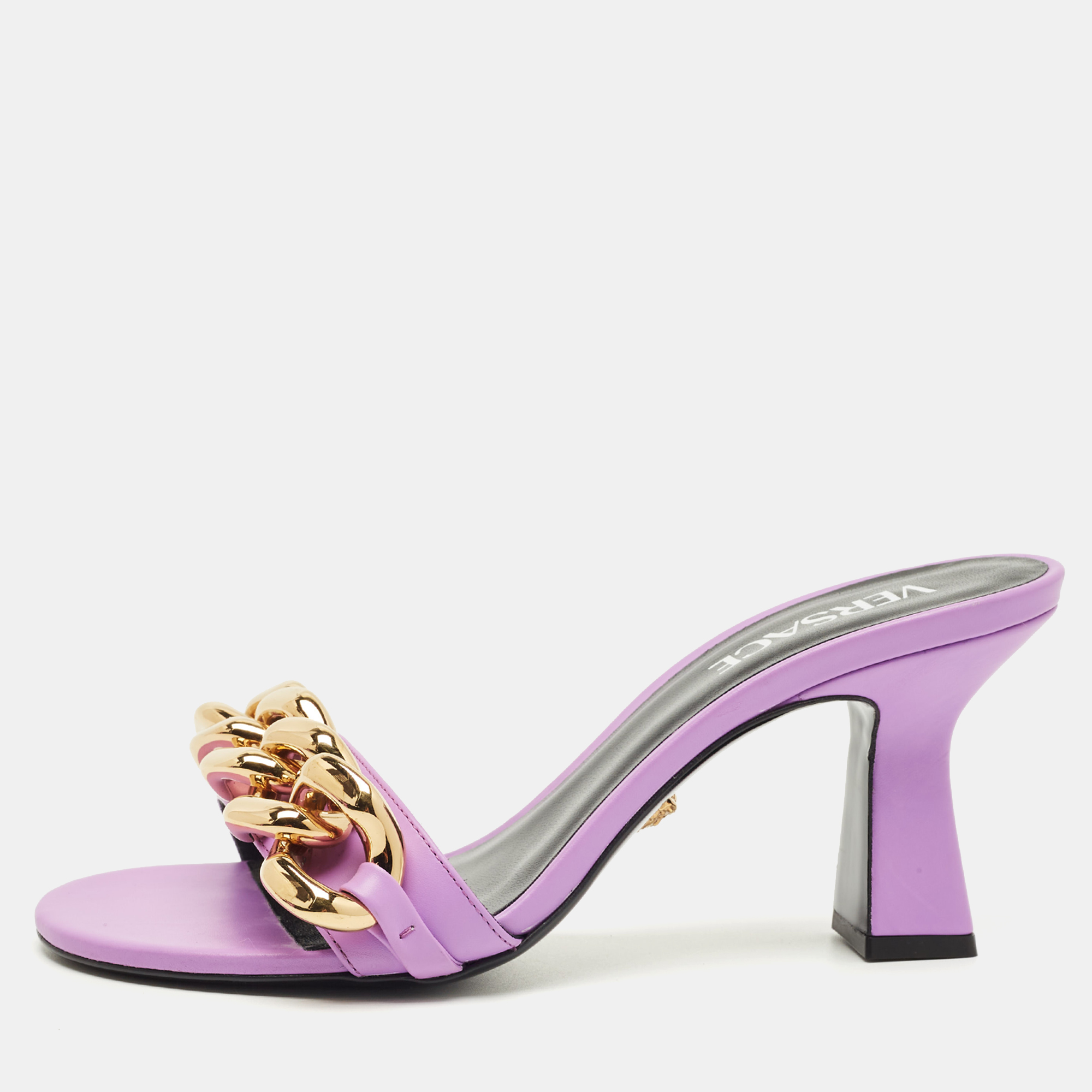 

Versace Purple Leather Medusa Chain Slide Sandals Size