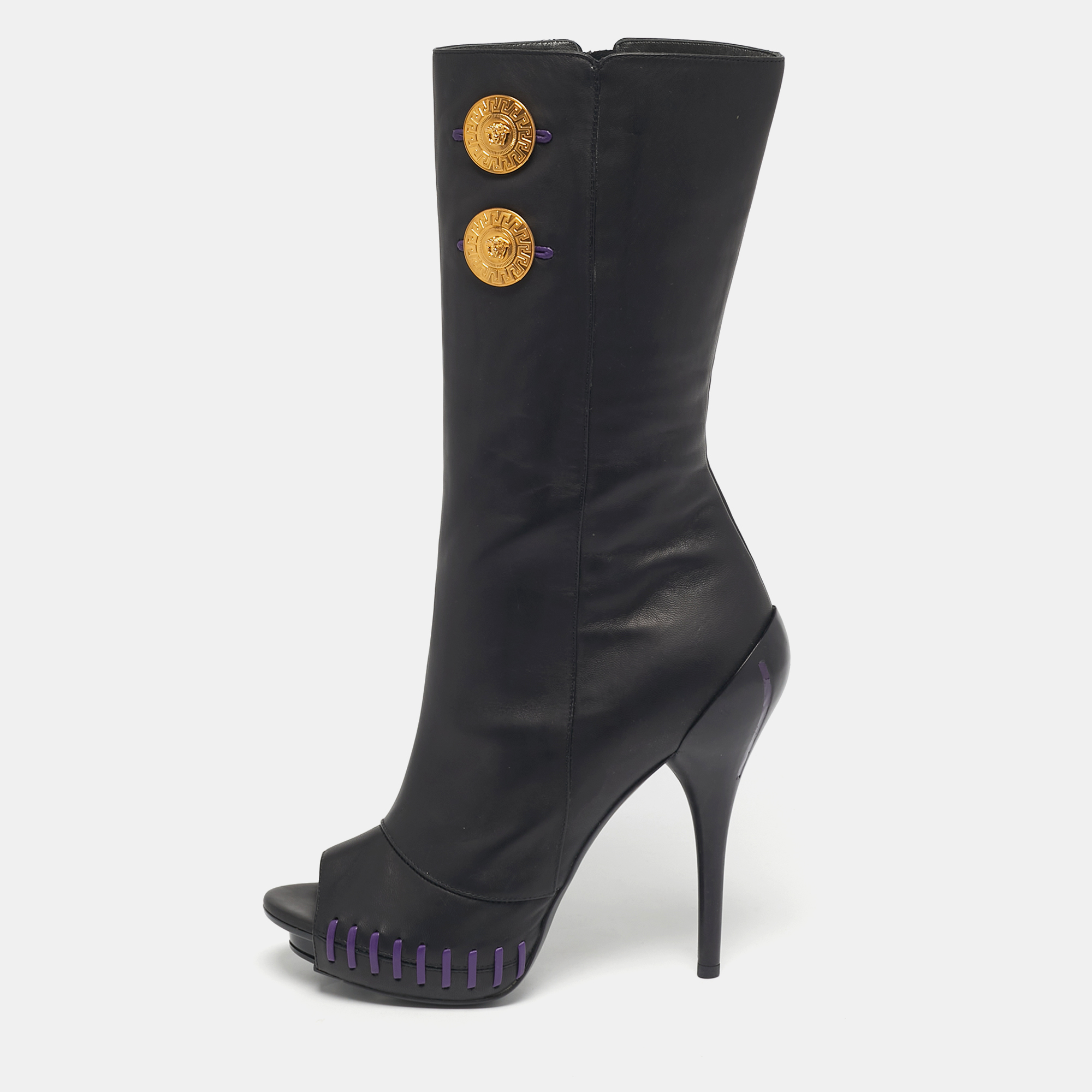 Versace Black Leather Medusa Mid Calf Peep Toe Boots Size 39
