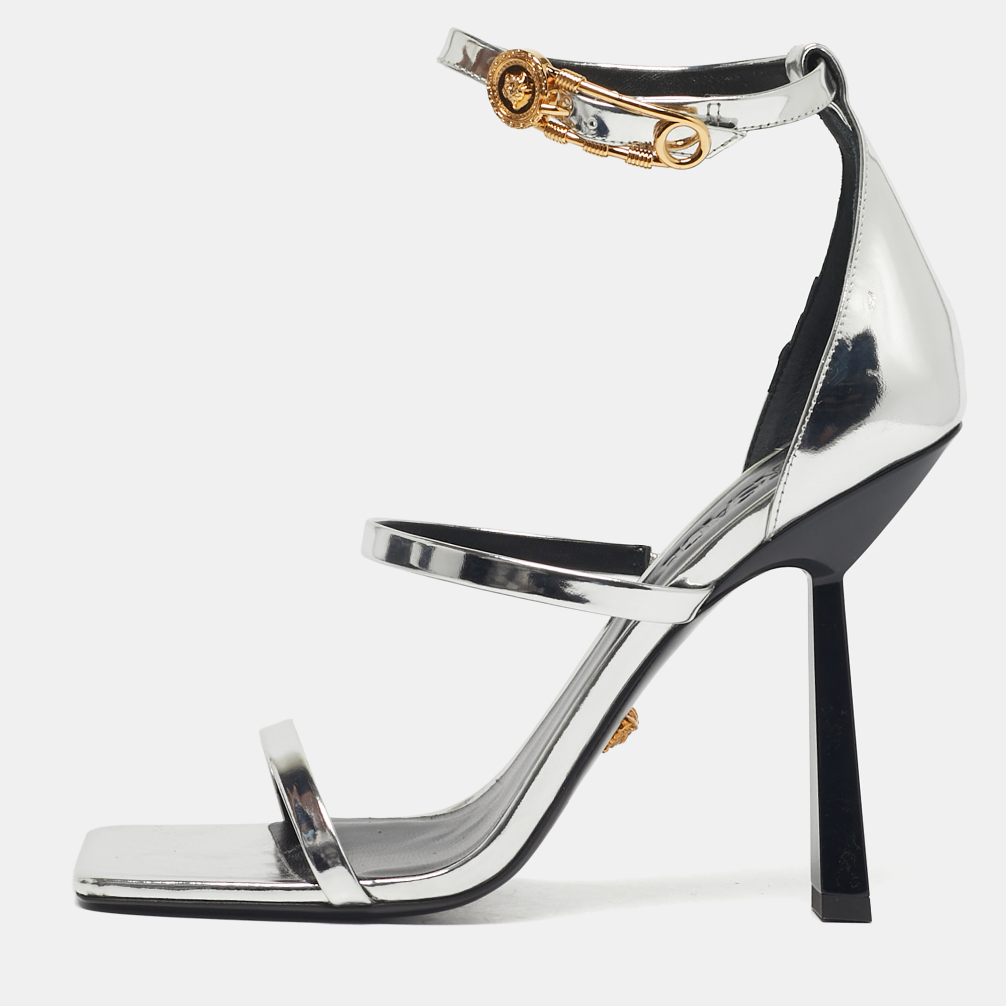 Click to view more detailed imagery on our partner's website Pre-owned Versace Silver Leather Safety Pin Ankle Strap Sandals Size 39