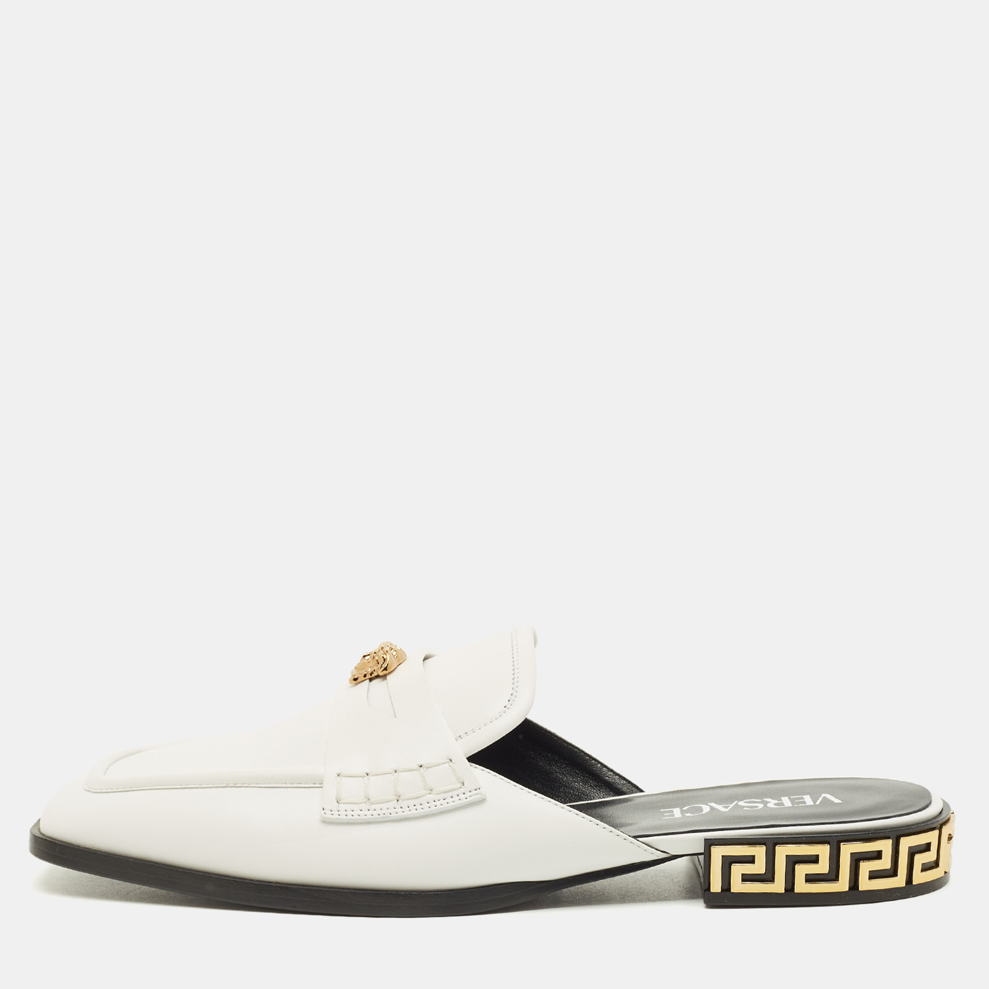 

Versace La Medusa Size  White Leather Square Toe Flat Mules