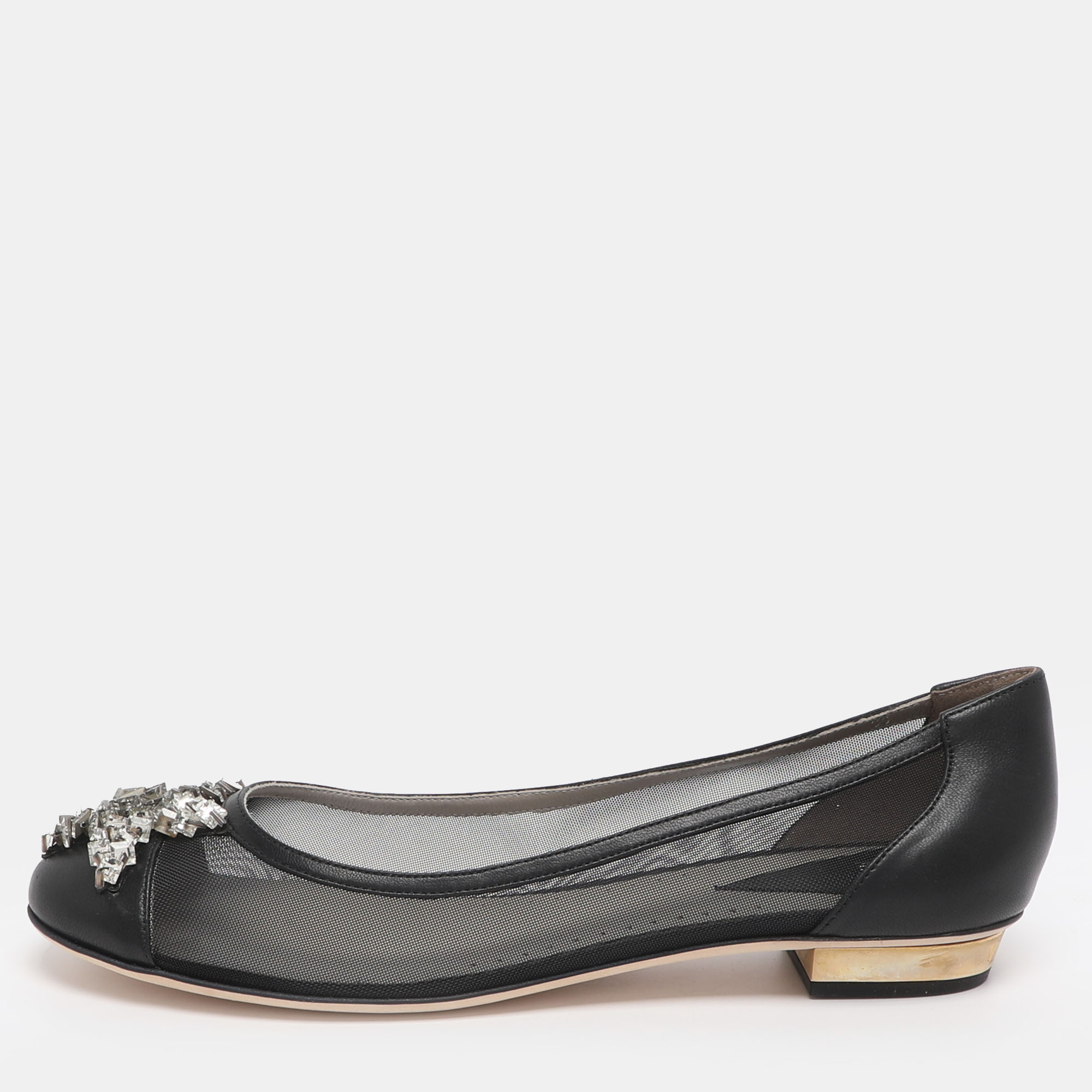 

Versace Size  Black Leather and Mesh Embellished Ballet Flats