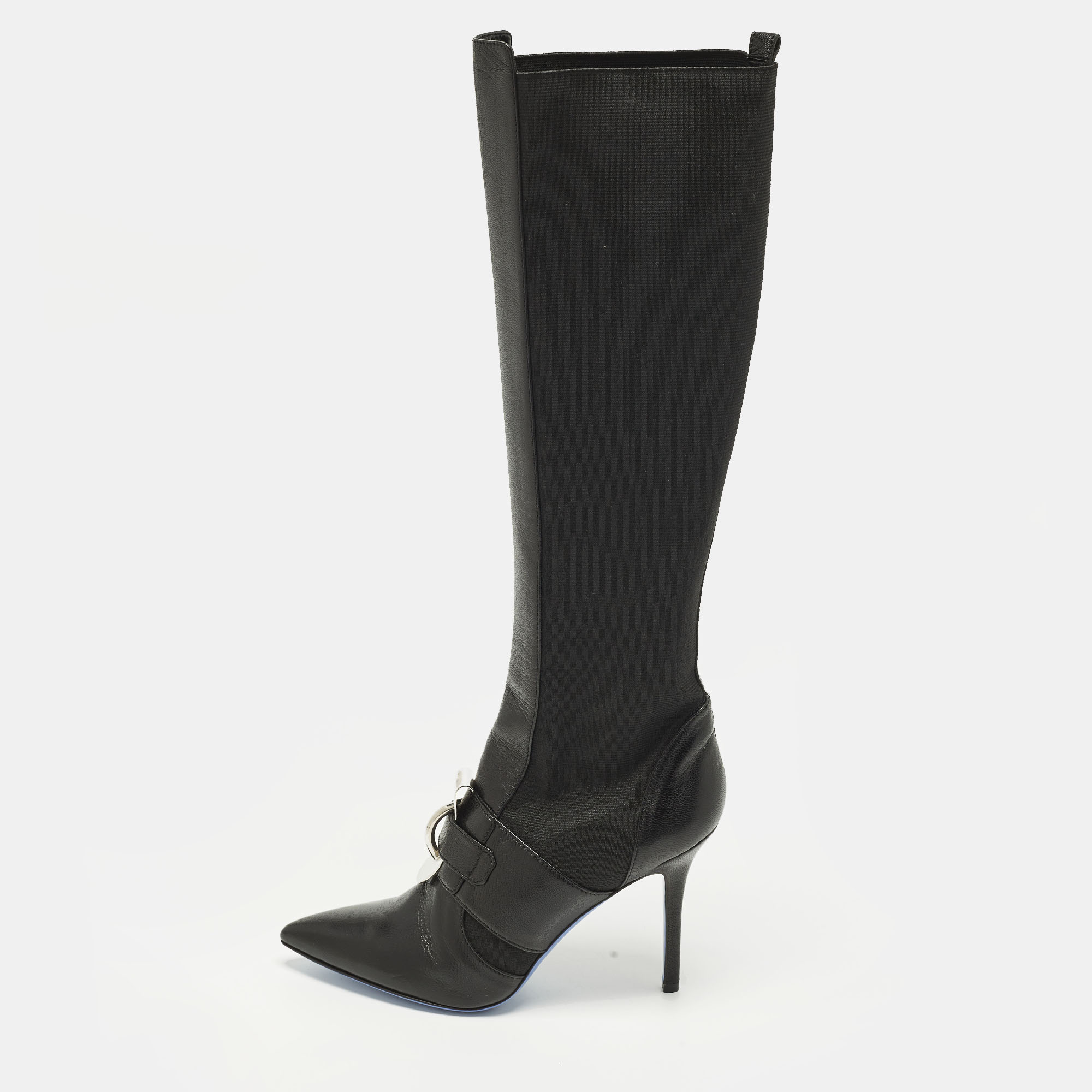 

Versace Size  Black Leather and Stretch Fabric Knee Length Boots