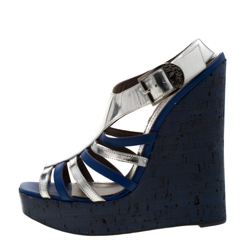 

Versace Collection Blue/Silver Square Toe Wedge Sandals Size