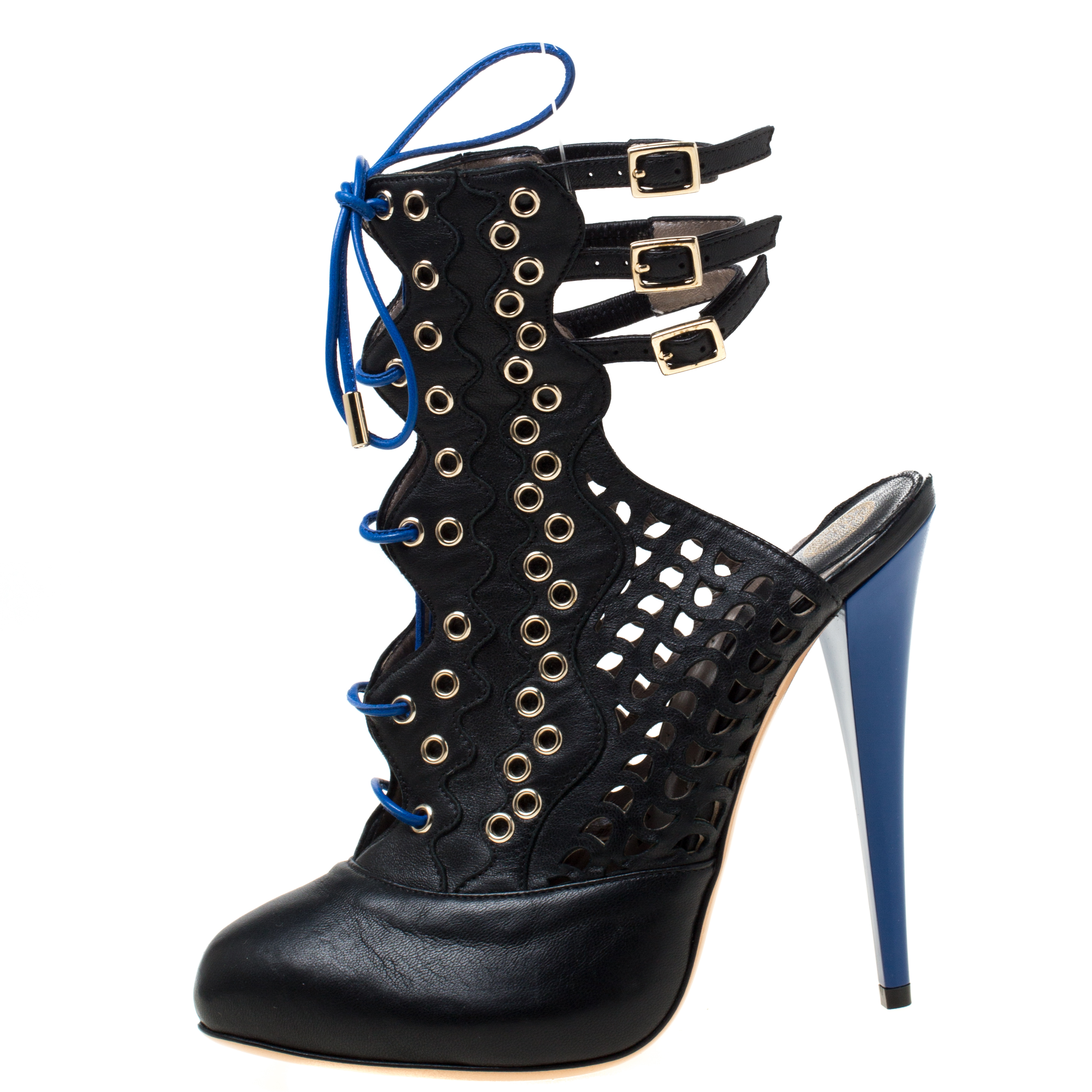 

Versace Black Perforated Leather Lace Up Buckle Booties Size