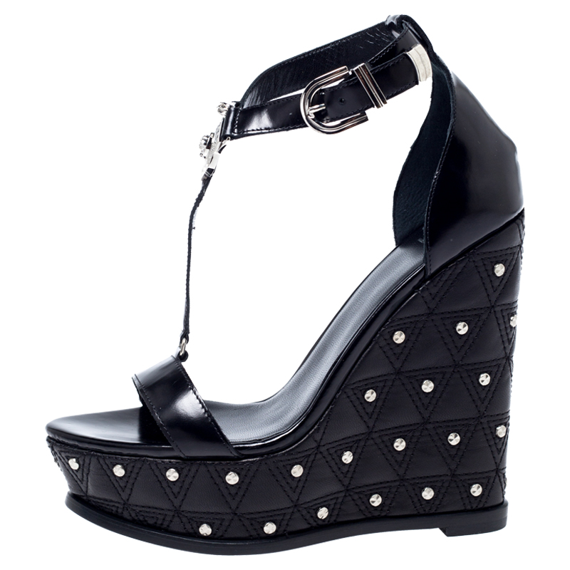 

Versace Black Leather T-Strap Quilted Wedge Platform Sandals Size