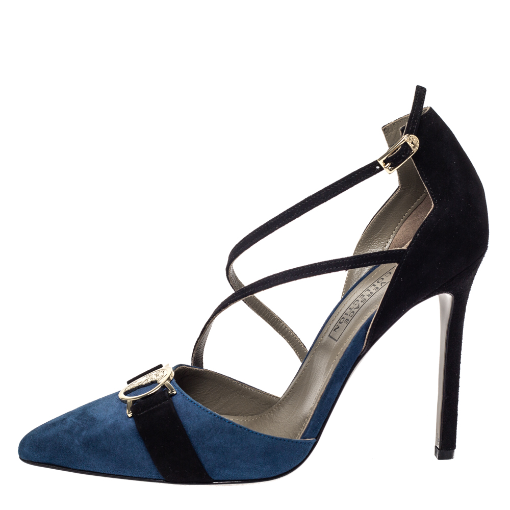 Versace Blue/Black Suede Leather Medusa Strappy Pointed Toe Pumps Size ...