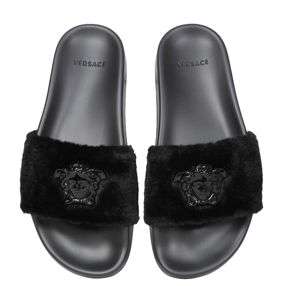 

Versace Black Faux Fur La Medusa Slide Sandals Size IT