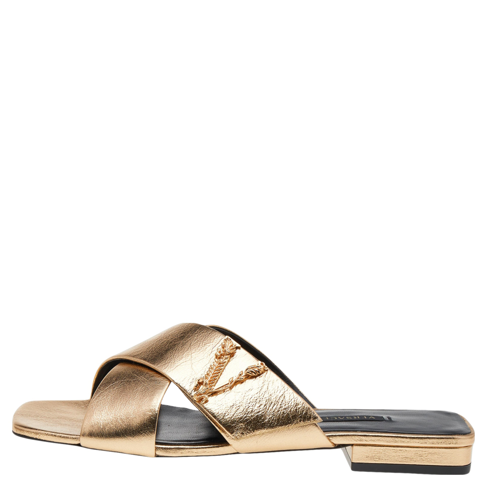 

Versace Gold Leather Crisscross Slide Sandals size