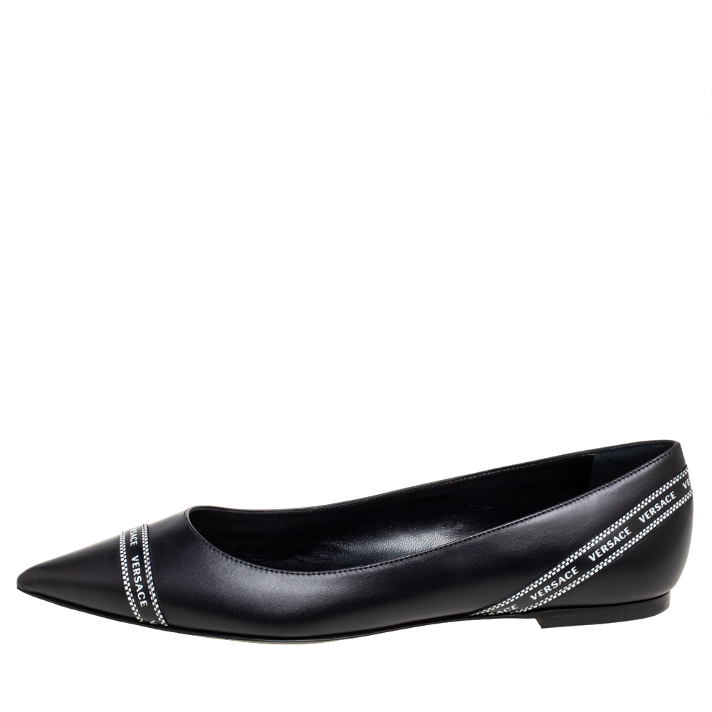 

Versace Black Leather Logo Tape Detail Pointed-Toe Ballet Flats Size