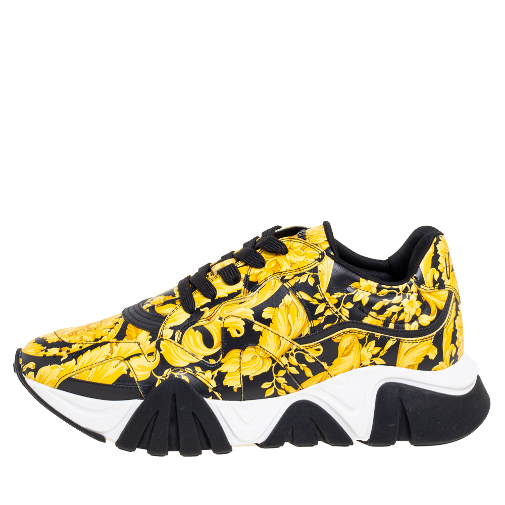 

Versace Yellow Leather Squalo Barocco Print Lace Up Sneakers Size