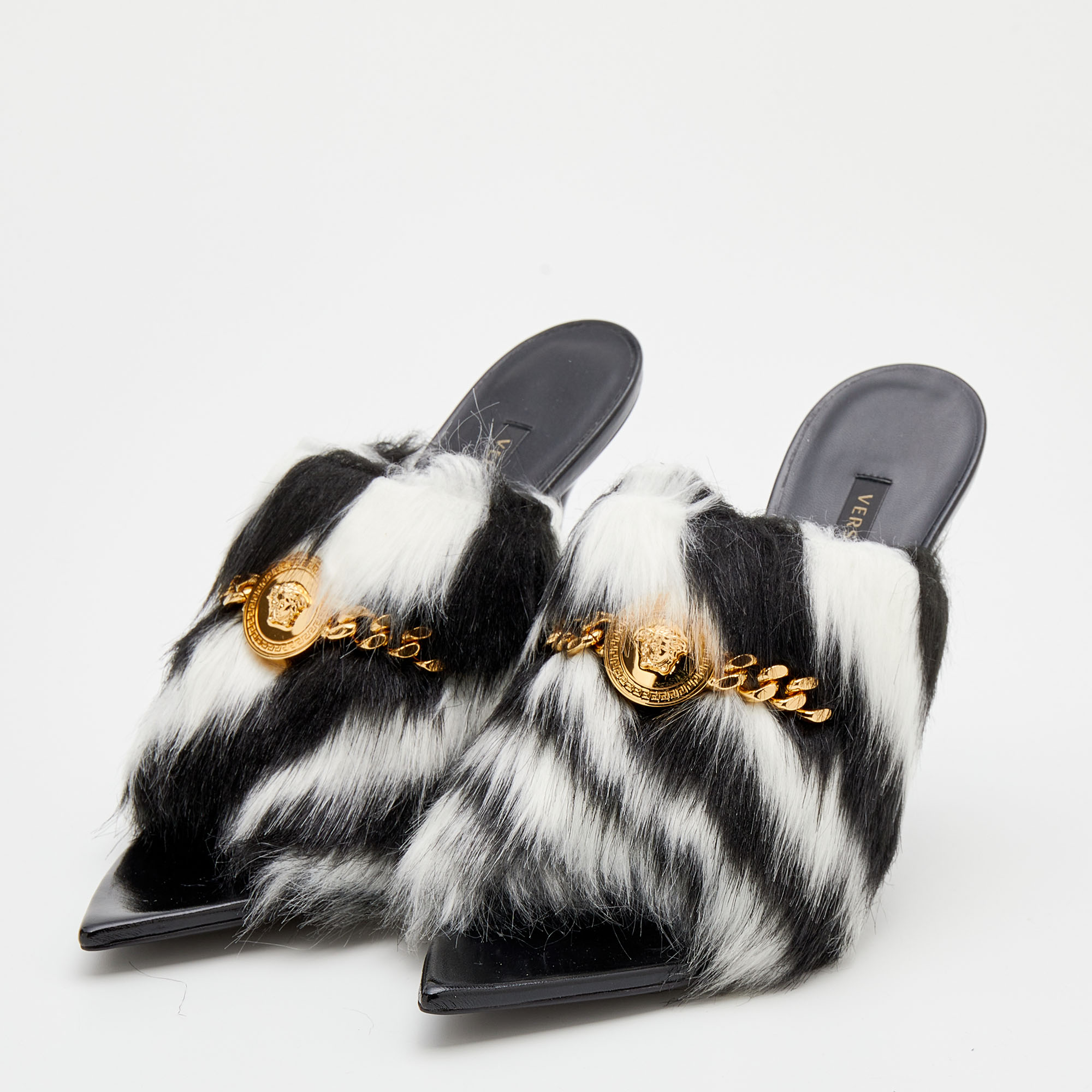 

Versace Black/White Faux Fur Medusa Chain Slide Sandals Size