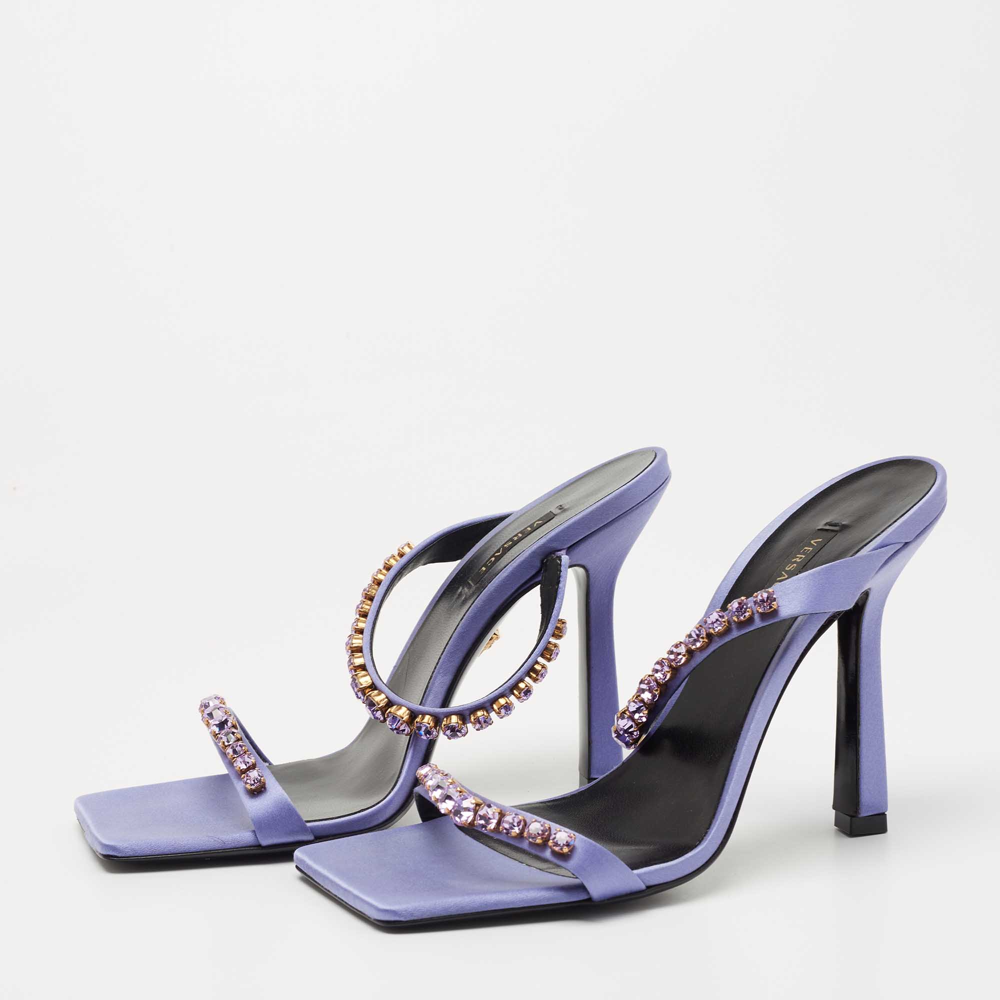 

Versace Purple Satin Crystal Embellished Square Toe Slide Sandals Size