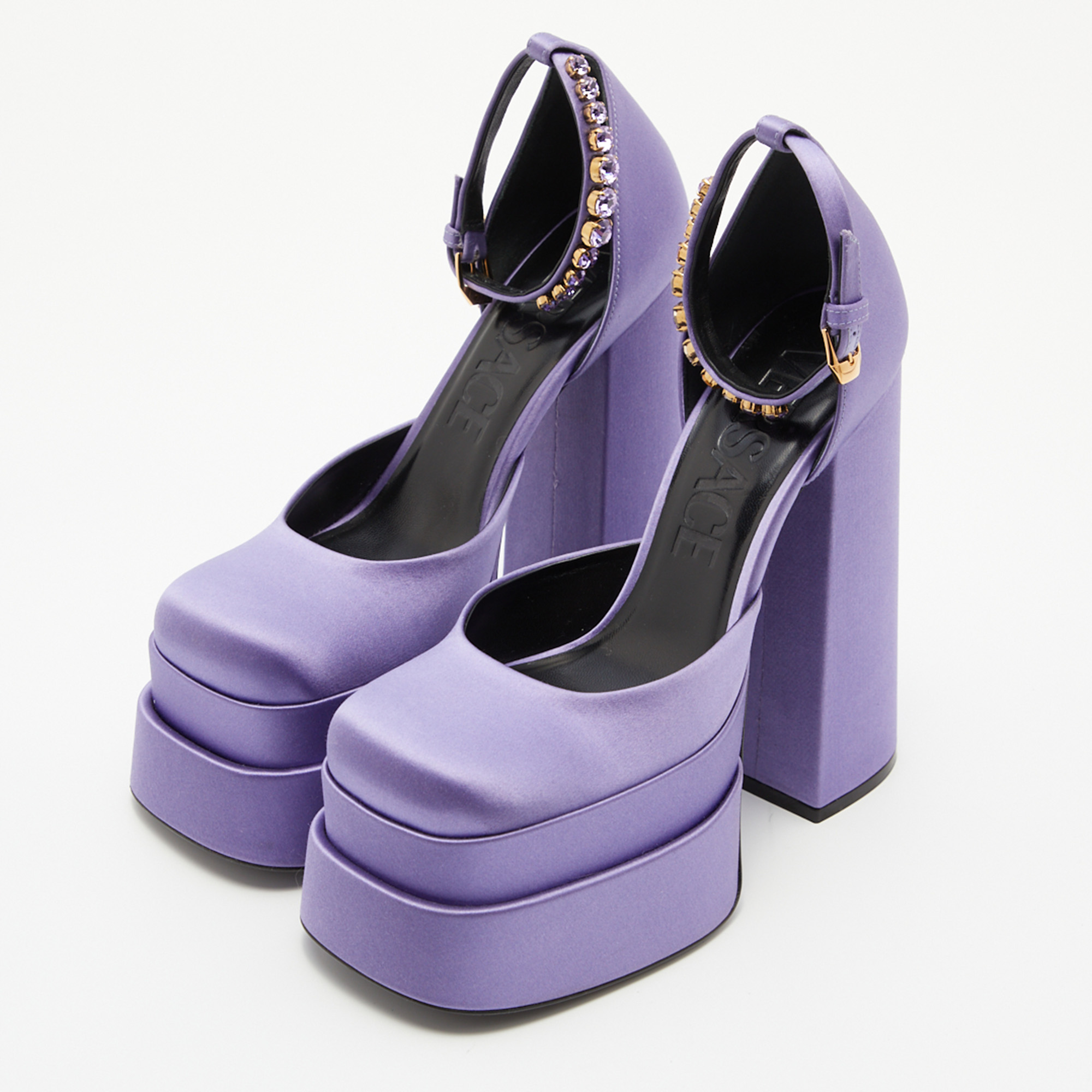 

Versace Purple Satin Medusa Aevitas Double Platform Pumps Size