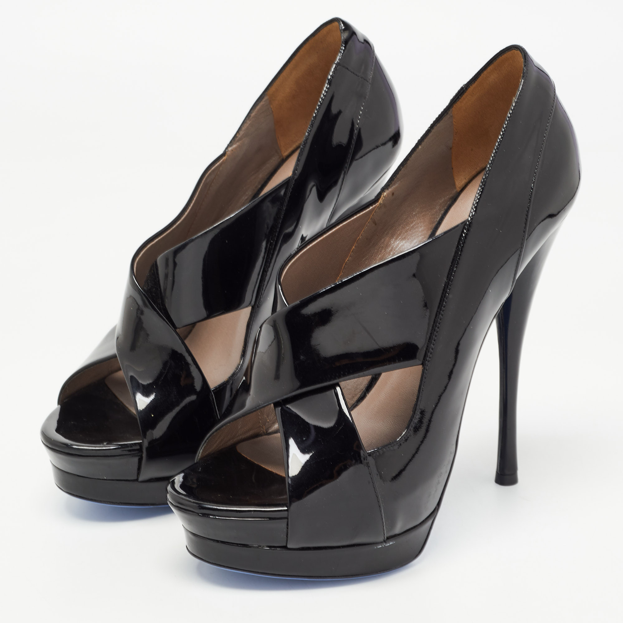 

Versace Black Patent Leather Open Toe Platform Pumps Size