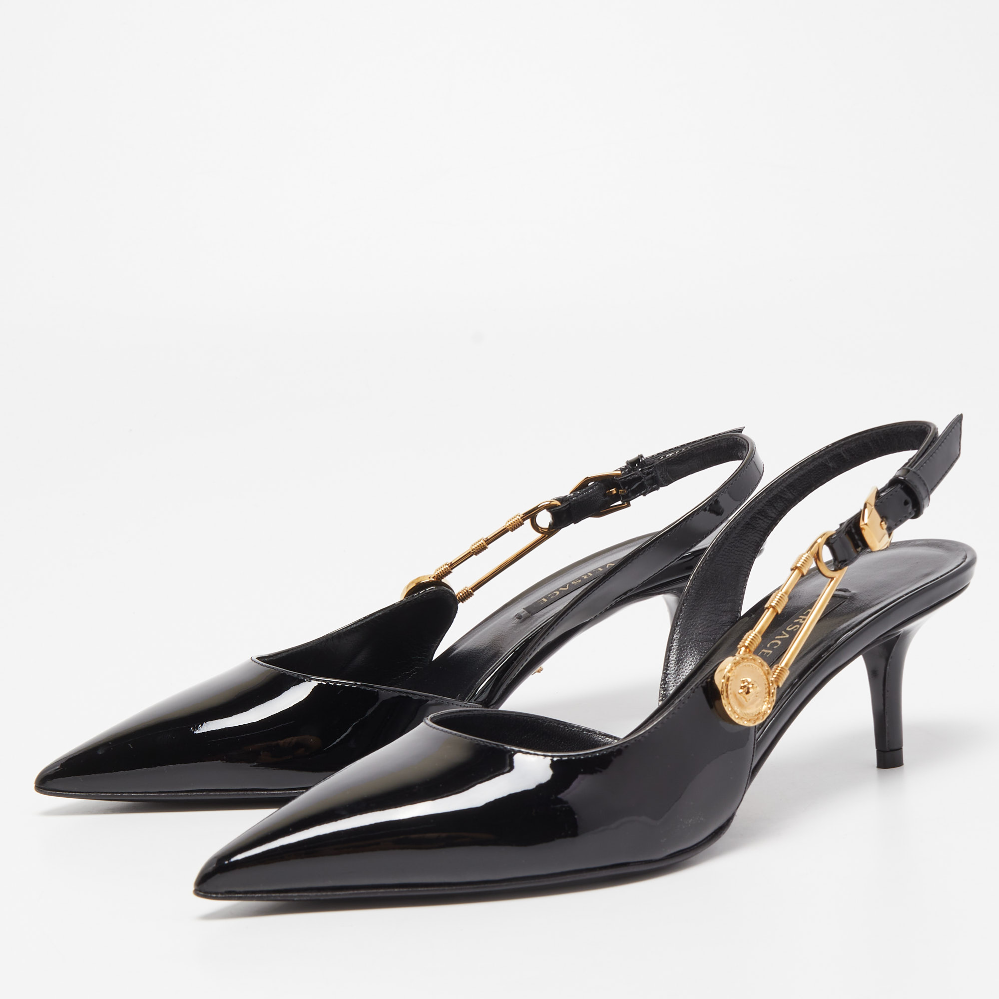 

Versace Black Patent Leather Safety Pin Medusa Slingback Pumps Size