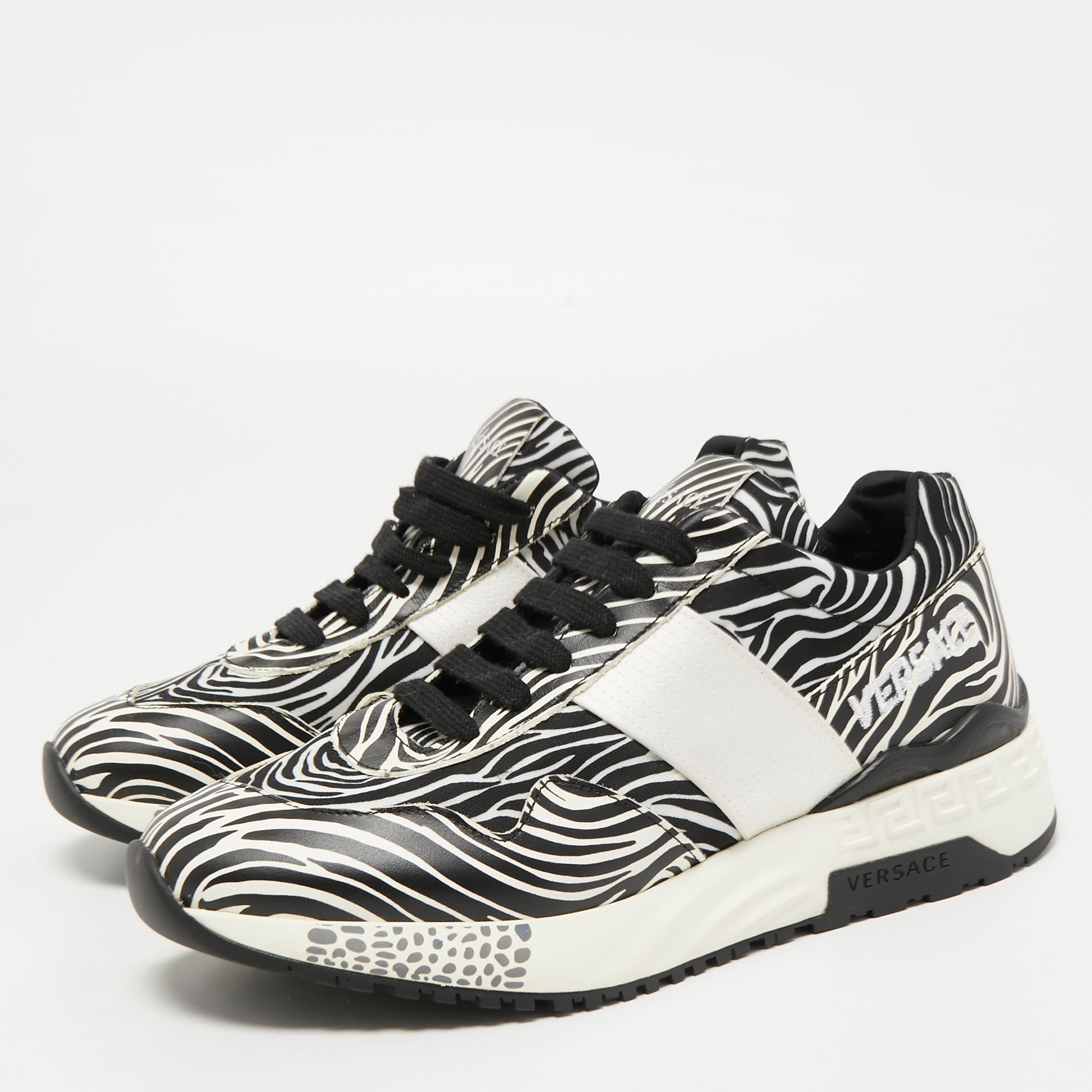 

Versace White/Black Zebra Print Leather and Fabric Achilles Sneakers Size