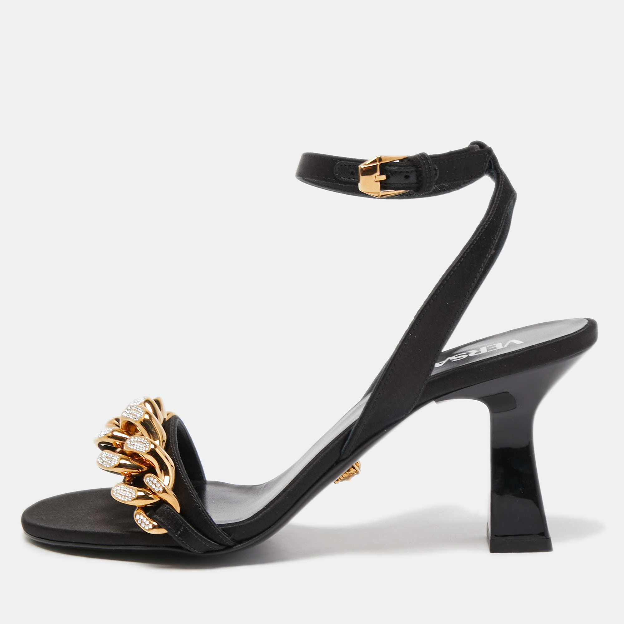 Pre Owned Versace Black Satin Medusa Chain Ankle Strap Sandals Size 38