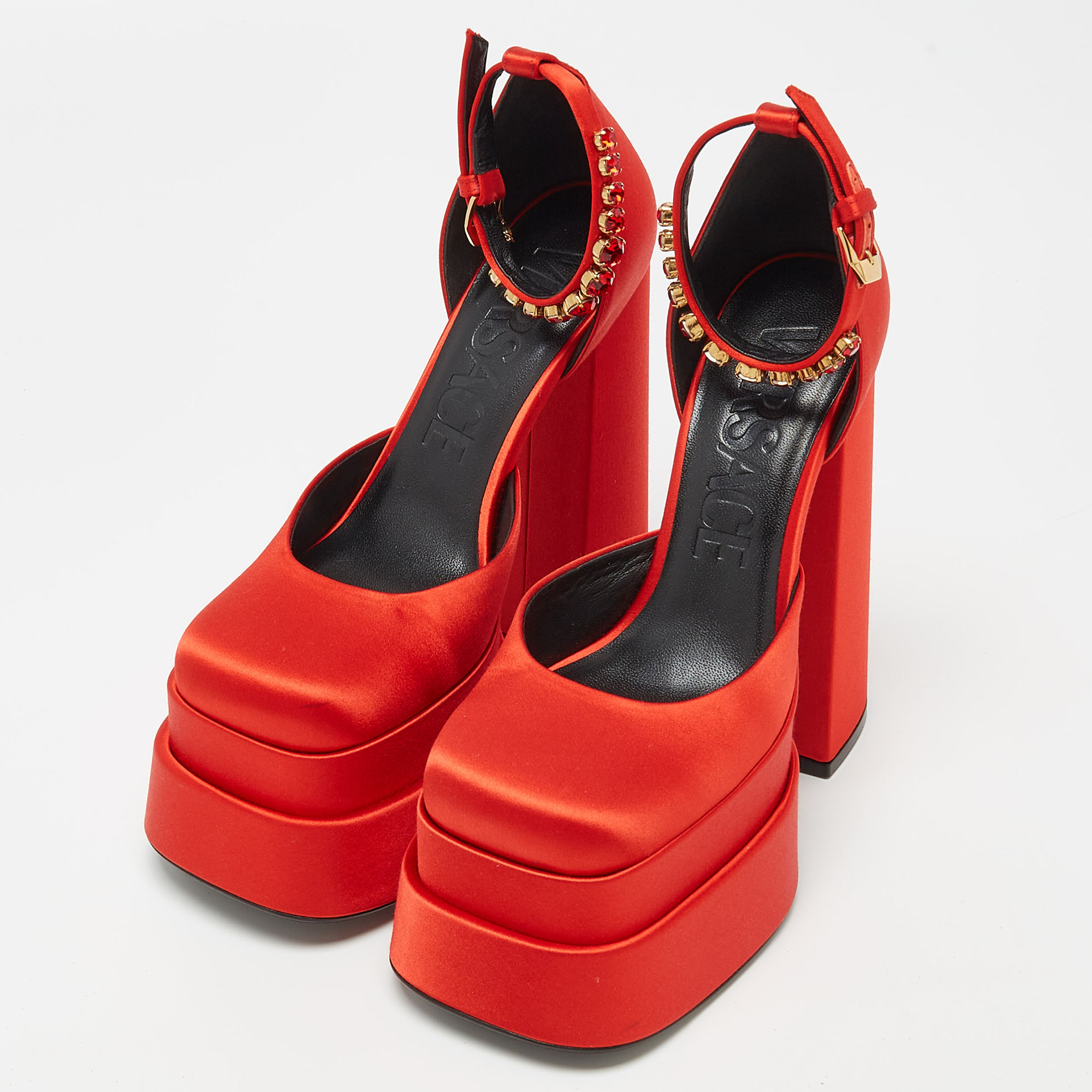 

Versace Red Satin Crystal Embellished Platform Block Heel Ankle Strap Pumps Size