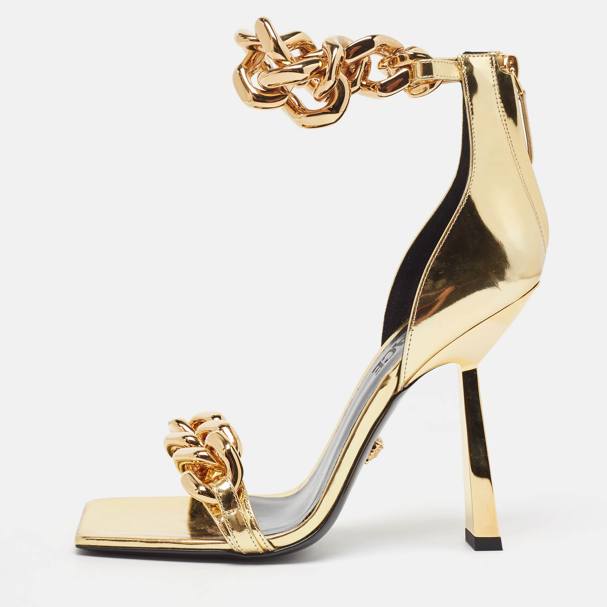 

Versace Gold Leather Medusa Chain Ankle Strap Sandals Size