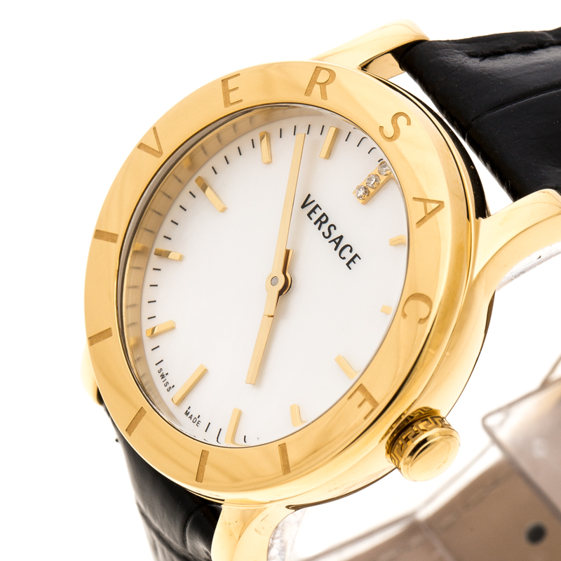 

Versace White Mother of Pearl Gold Plated Steel VQA Women's Wristwatch, Black