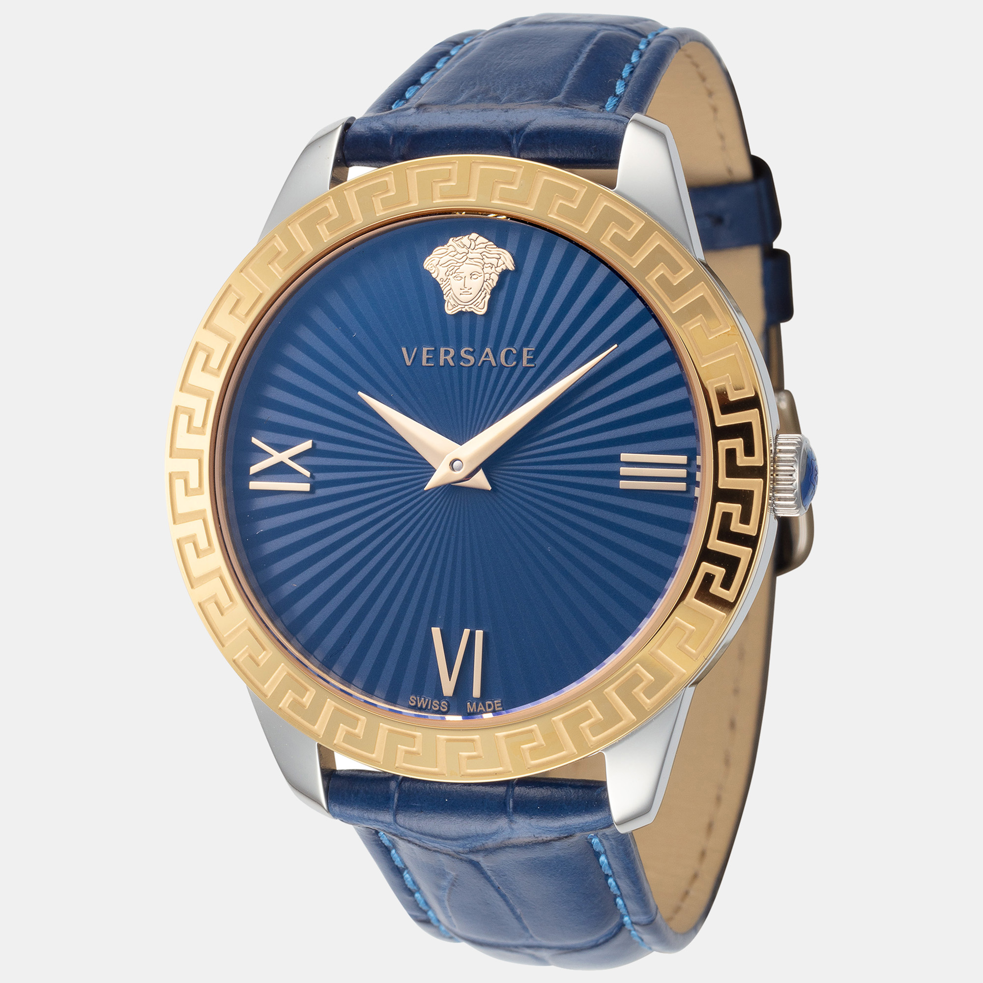 Pre-owned Versace Women's Vevc00219 Greca Signature 38mm Quartz Watch In Blue