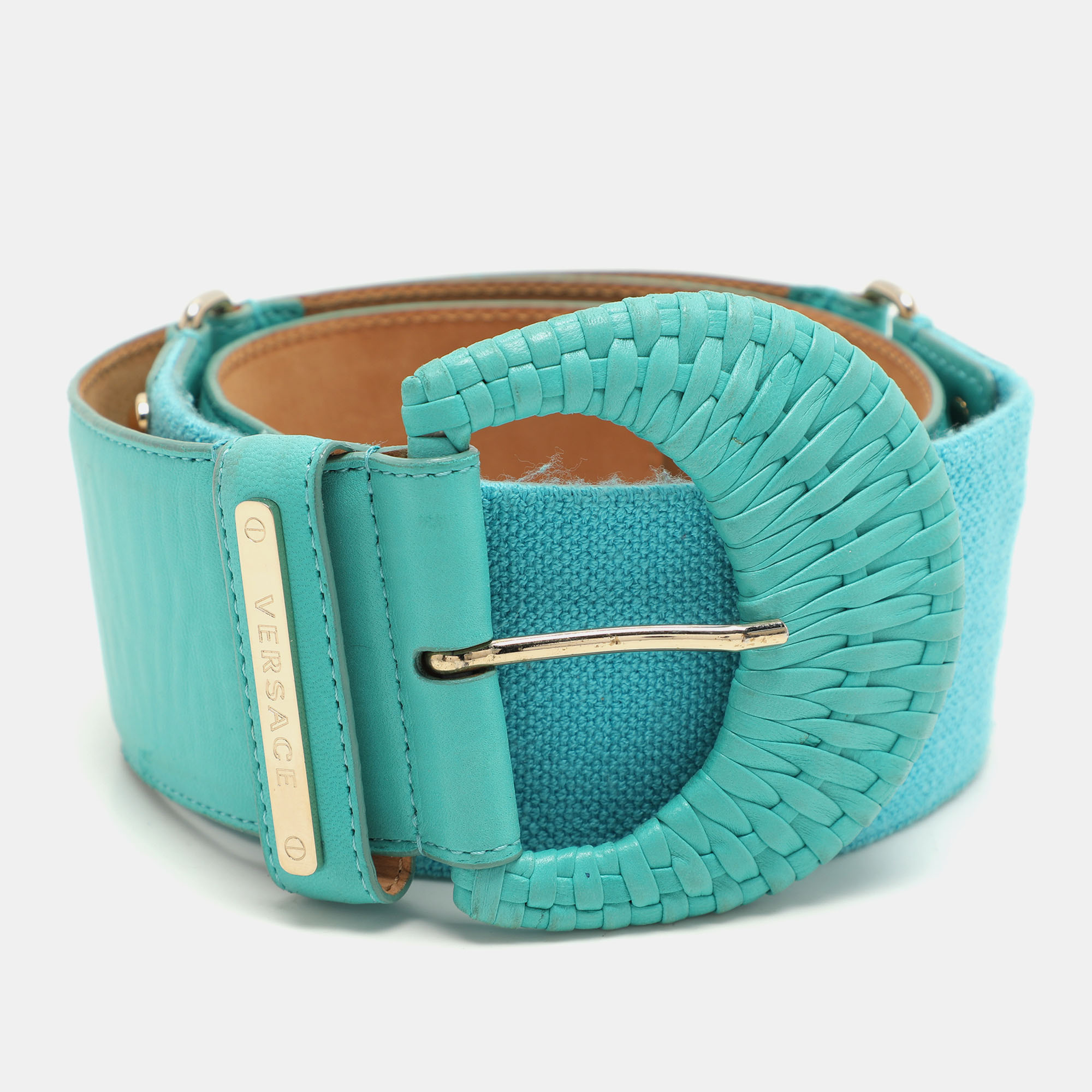 

Versace Turquoise Leather and Stretch Fabric Waist Belt 85CM, Green