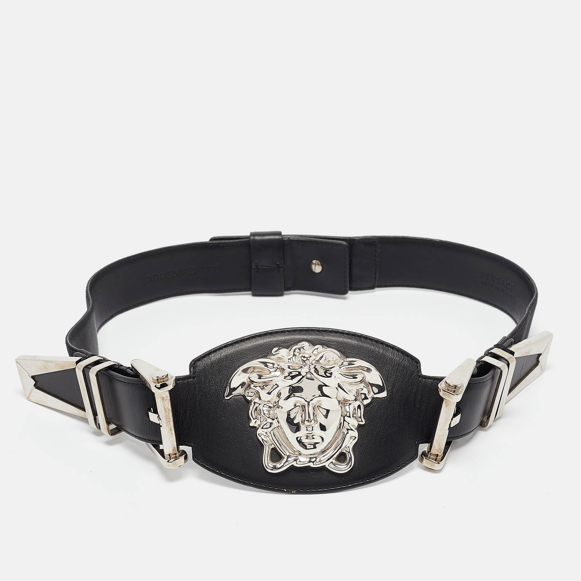 

Versace Black Leather and Canvas Medusa Buckle Wide Belt