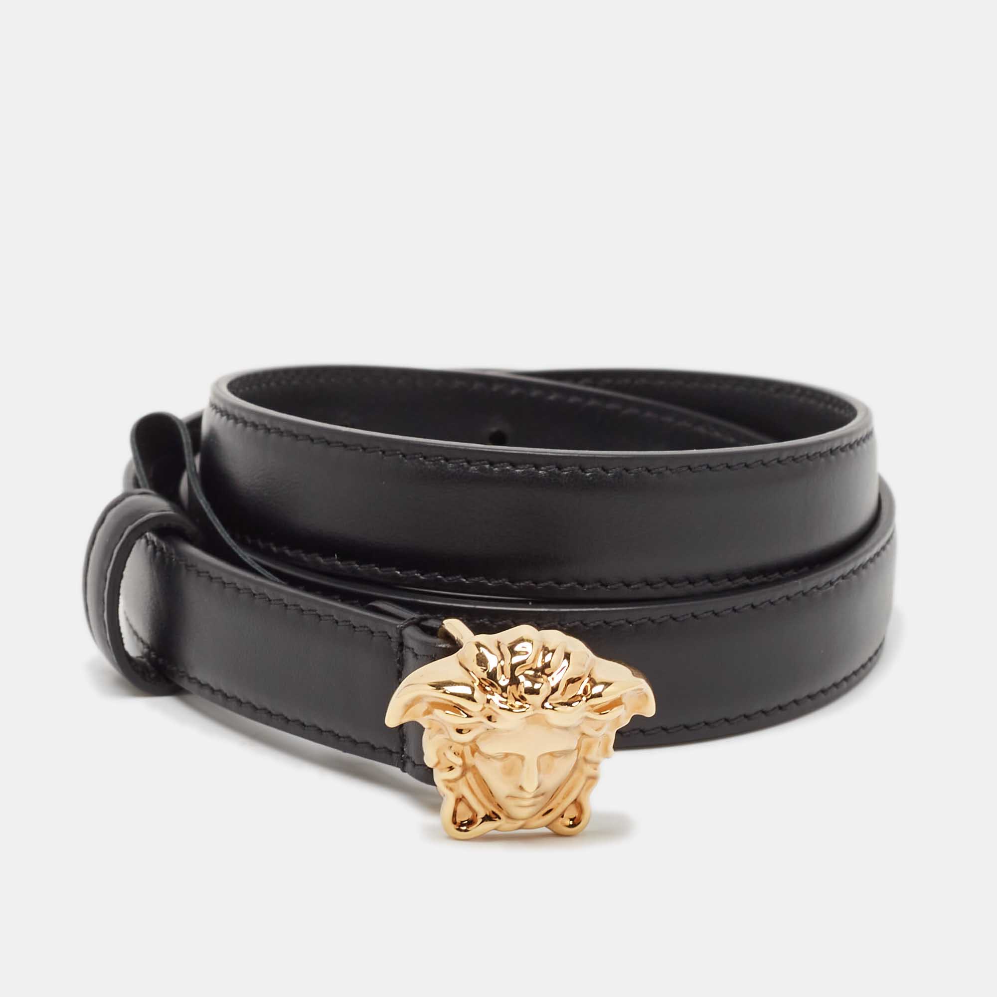 

Versace Black Leather La Medusa Slim Buckle Belt 90CM