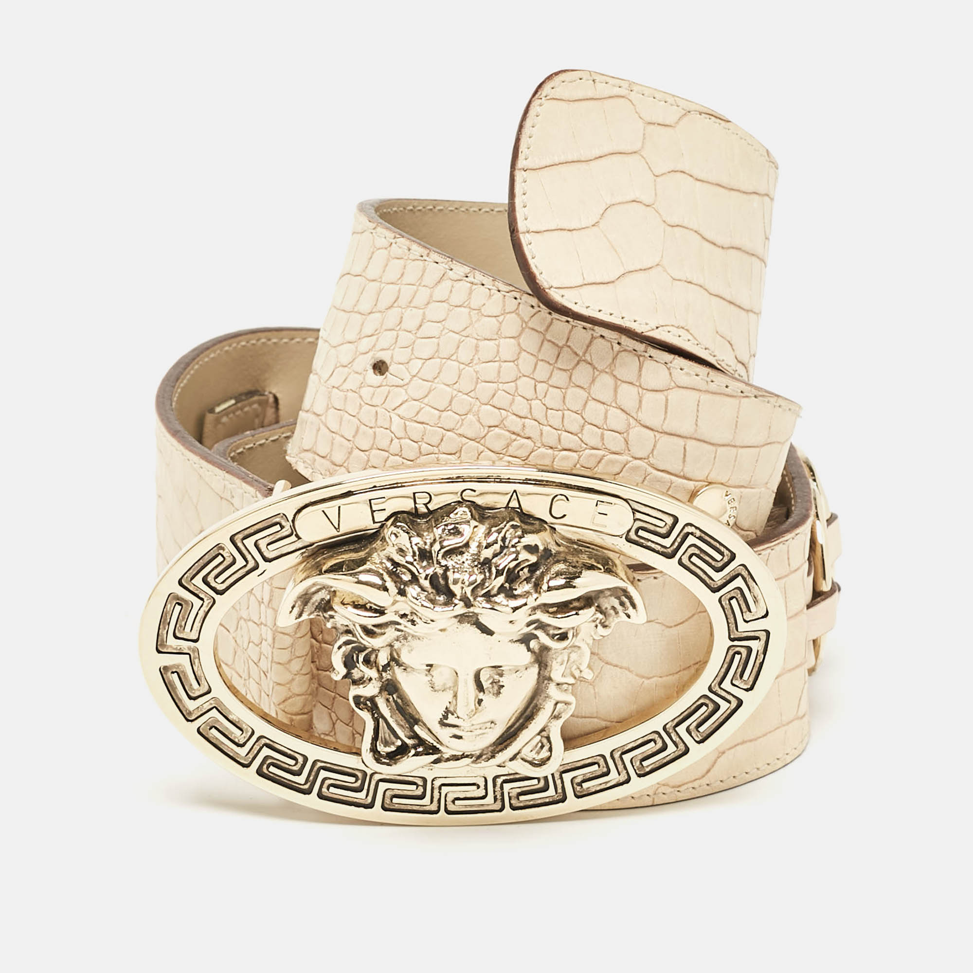 

Versace Beige Croc Embossed Leather Medusa Chain Waist Belt 80CM