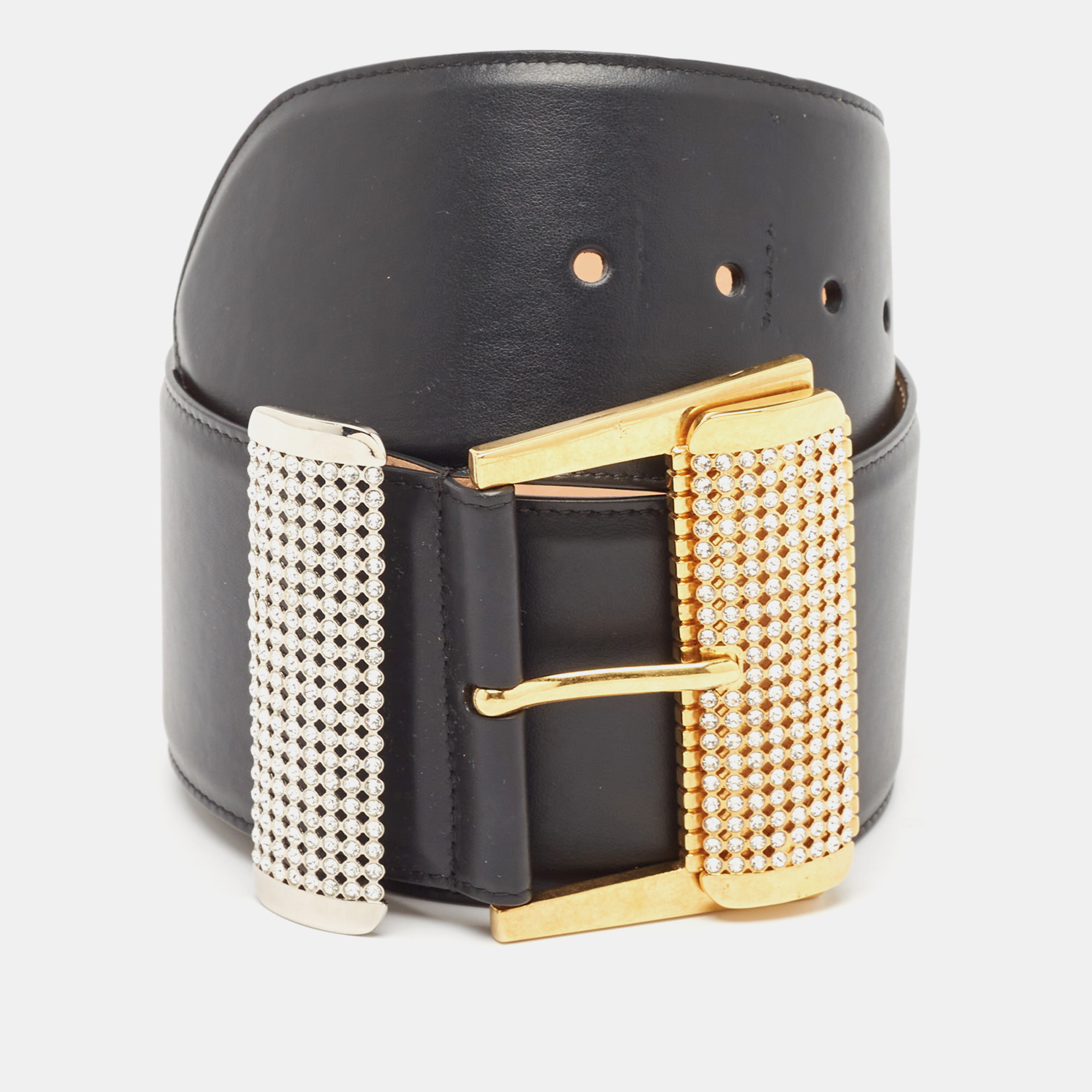 

Versace Black Leather Crystals Embellished Wide Buckle Belt 80CM