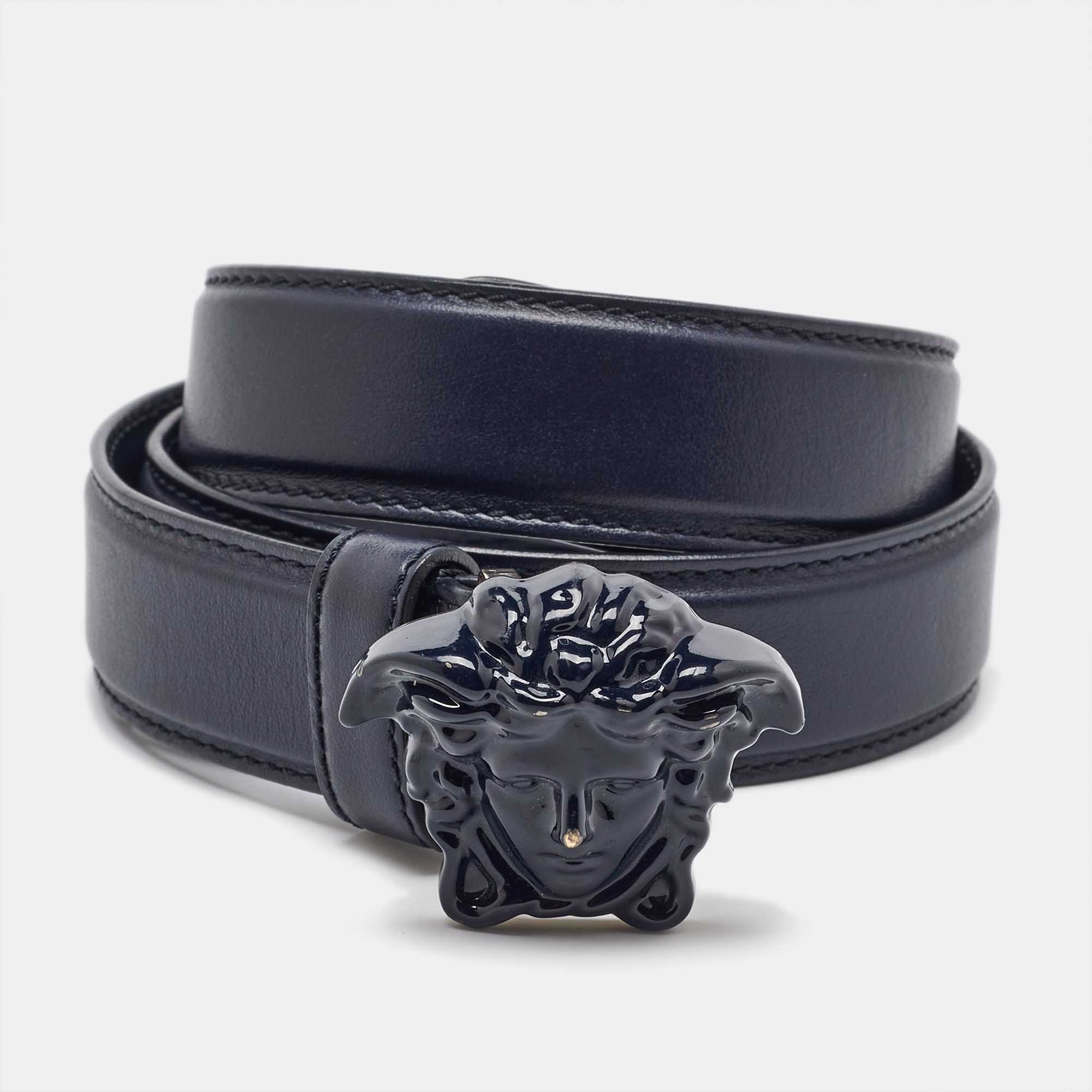 

Versace Navy Blue Leather Medusa Buckle Belt 80CM