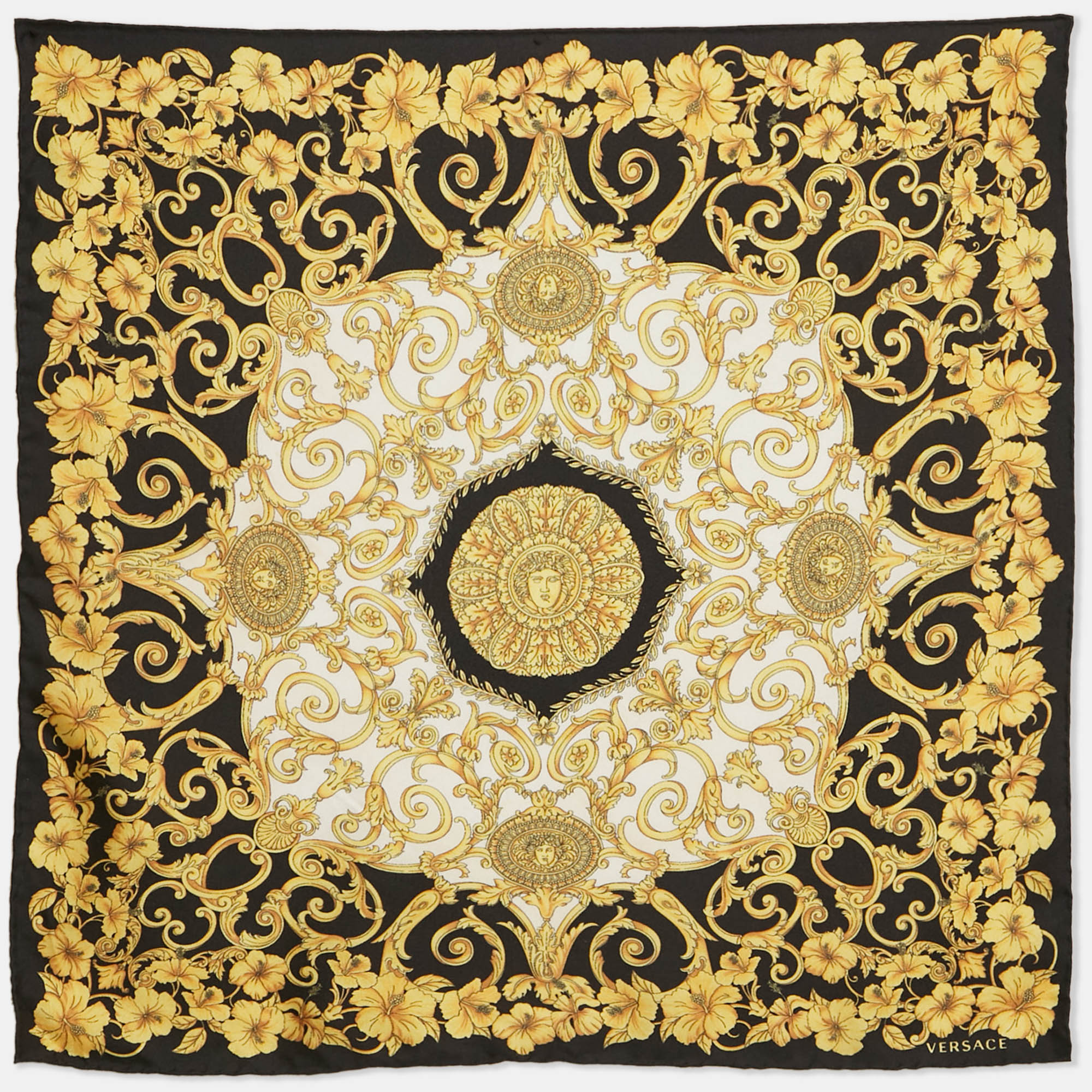 

Versace Black/White Baroque Print Silk Head Scarf