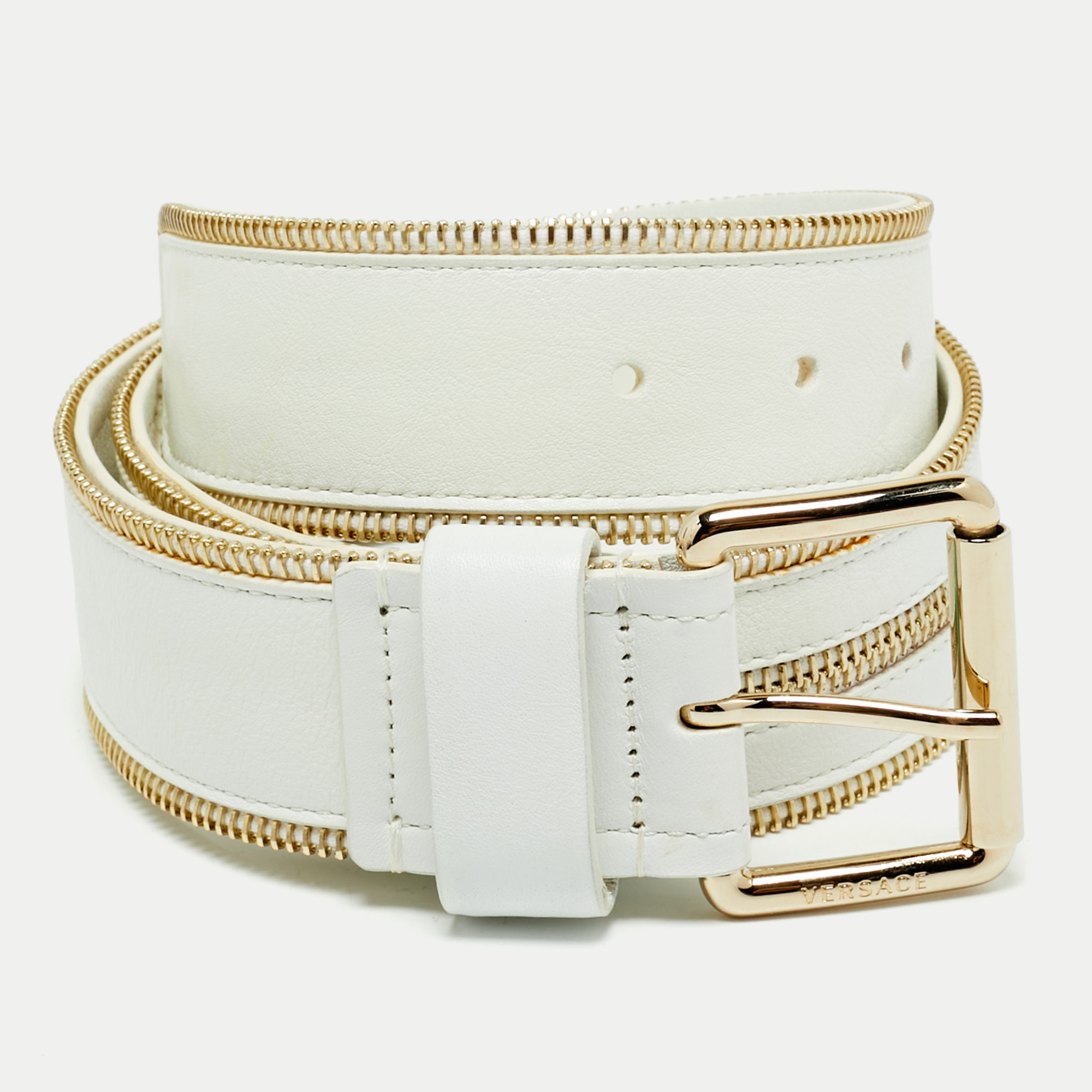 

Versace White Leather Zip Detail Buckle Belt