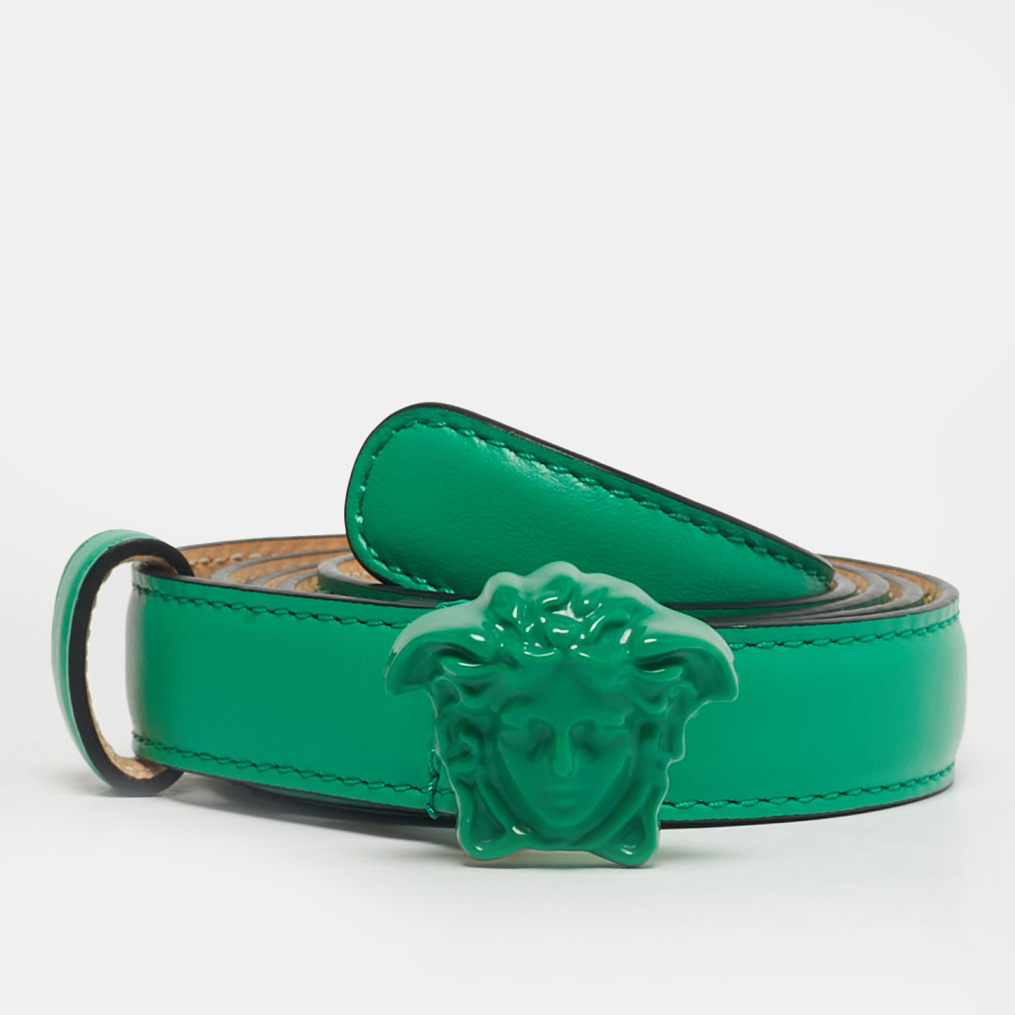 

Versace Green Leather Medusa Buckle Slim Belt