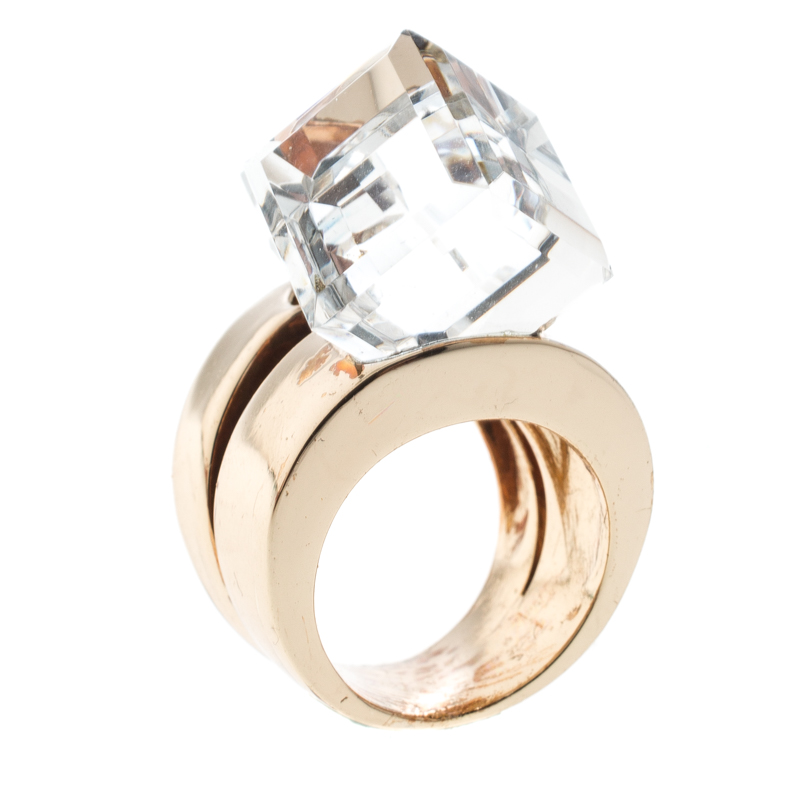 Pre Owned Versace Clear Crystal Cube Gold Tone Cocktail Ring Size 57