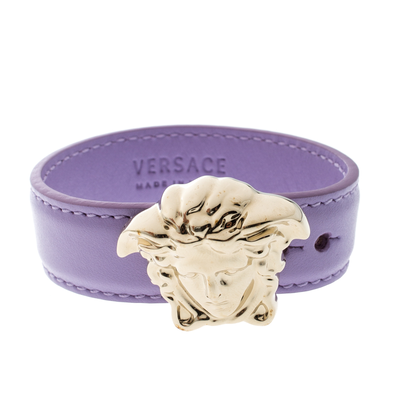 Pre Owned Versace Lilac Palazzo Medusa Gold Tone Leather Cuff Bracelet