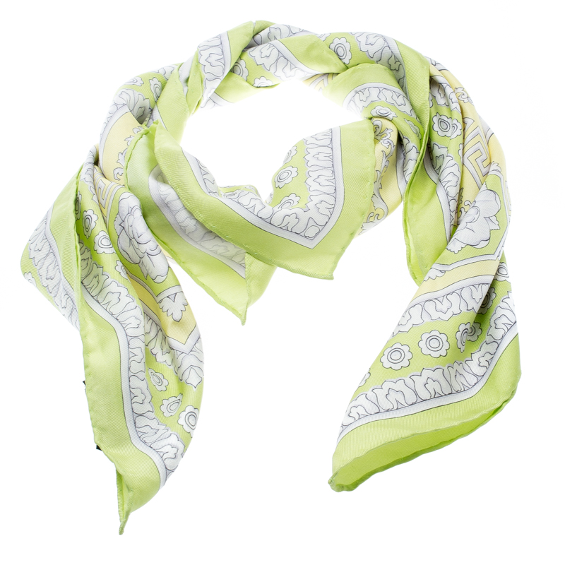 

Versace Lime Green Floral Baroque Printed Silk Square Scarf