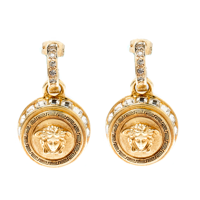Versace Medusa Crystal Studded Gold Tone Drop Earrings