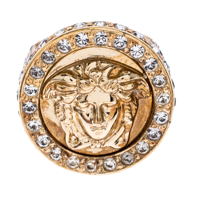 

Versace Gold Tone and Crystal Studded Medusa Ring Size