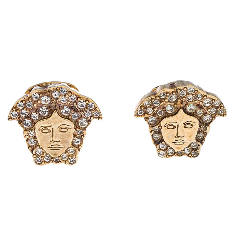 Versace Medusa Crystal Studded Gold Tone Clip-on Stud Earrings 