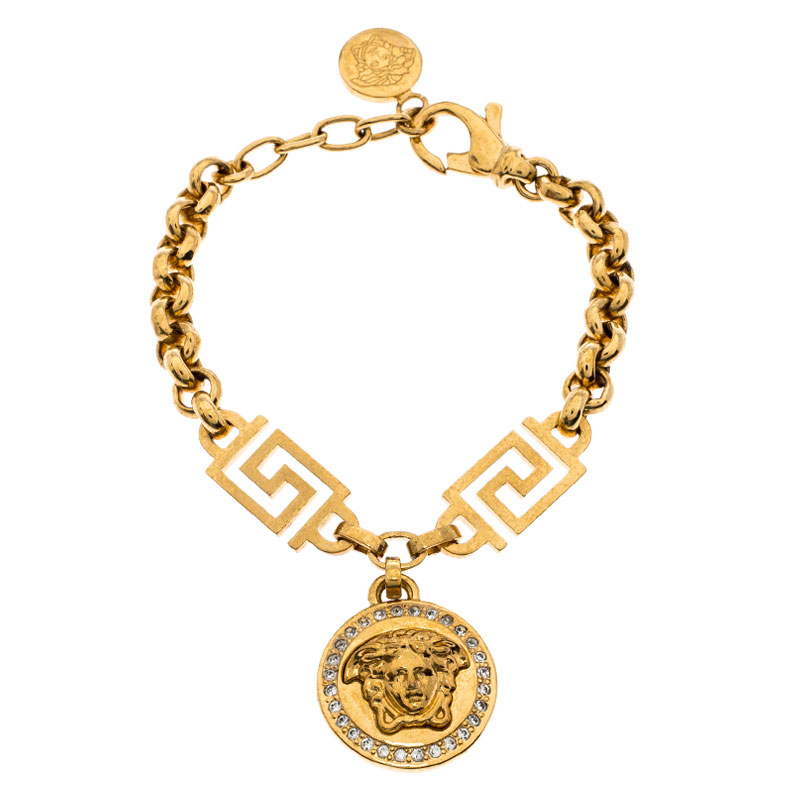 Versace Gold Tone Crystal Medusa Medallion Greca Chain Bracelet Versace ...