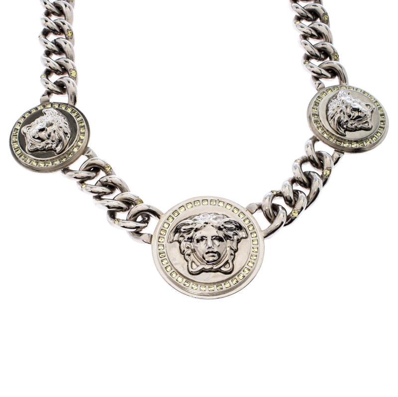 Versace Iconic Medusa Medallion Crystal Silver Tone Chain Link Statement  Necklace