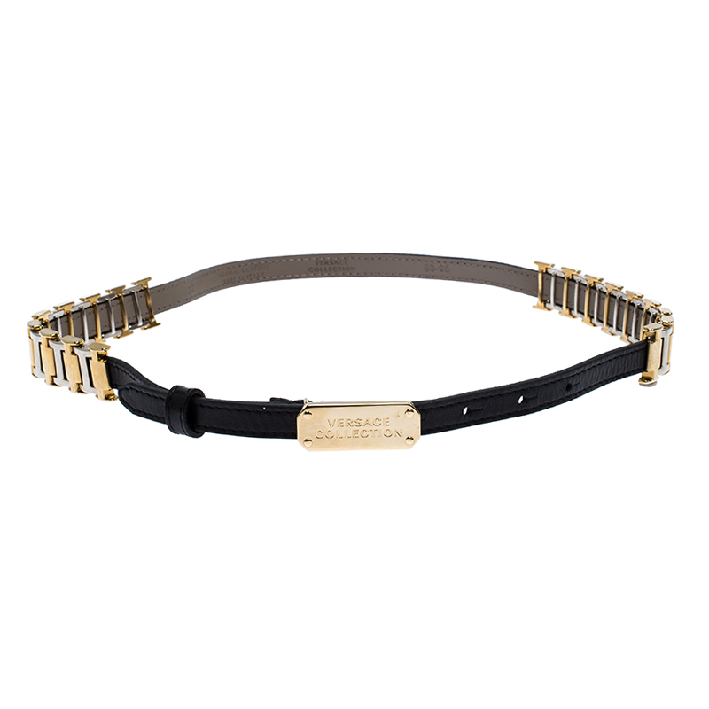 Pre Owned Versace Black Leather and Metal Detail Slim Logo Belt 95CM
