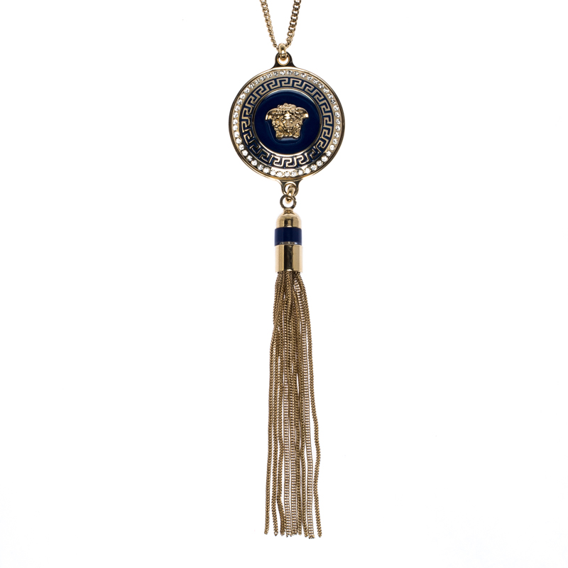 Versace Medusa Crystal Enamel Tassel Pendant Gold Tone Necklace