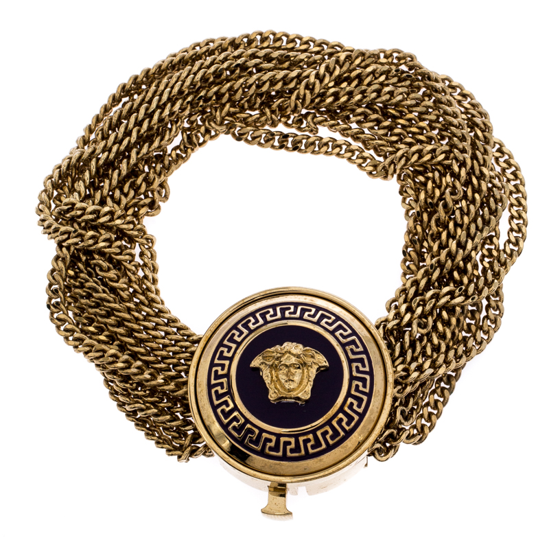 Pre-owned Versace Purple Enamel Medusa Icon Gold Tone Multi Strand Vanitas Bracelet