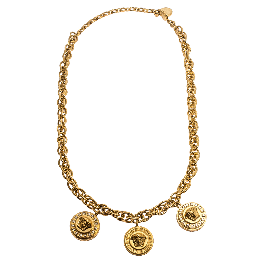 Pre-owned Versace Yellow Gold Tone Crystal Medusa Charm Necklace