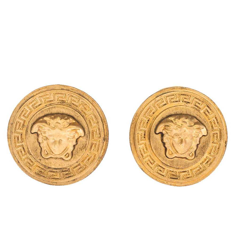 Preowned Versace Medusa Gold Tone Round Clipon Stud Earrings ModeSens