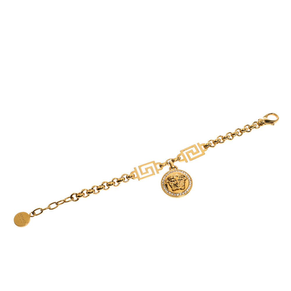 

Versace Crystal Medusa Medallion Greca Gold Tone Chain Bracelet